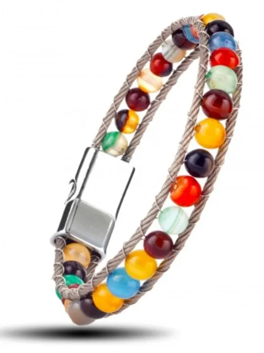 Erkek Doğaltaş Bileklik - Doğal Çakra Akik Taşlı Örgü Halat Çelik Bileklik