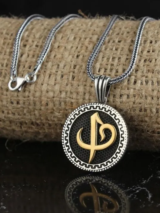 Elif Vav Yuvarlak Model Gümüş Erkek Kolye