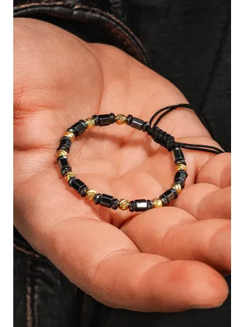 Kadın Erkek Gümüş Bileklik - Hematit Taşlı Gümüş Detaylı İnce Kibar Erkek Kadın Bileklik