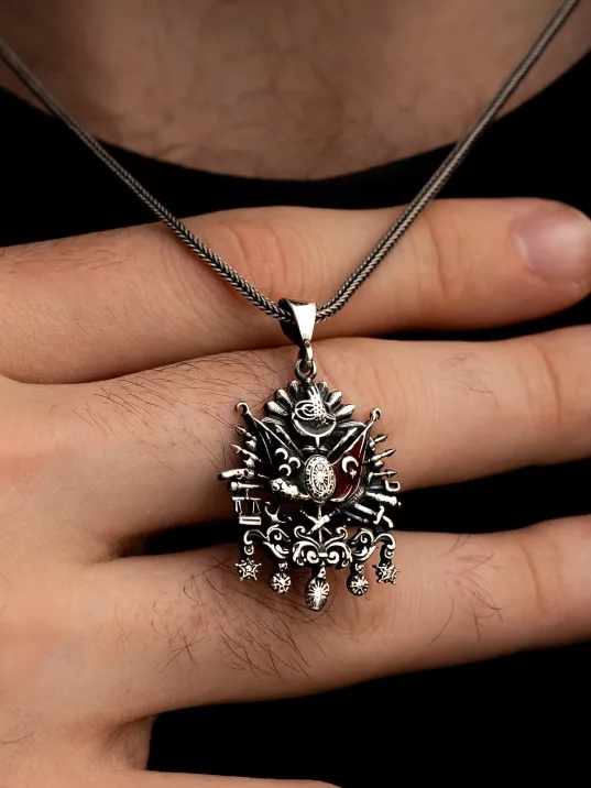 Renkli Osmanlı Arması Sancağı Erkek Gümüş Kolye Zincir