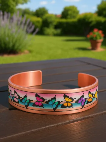 Kadın Bakır Bileklik Yüzük Set - Butterfly Model Özel Baskı Metal Kutu Ve Kuvars Taşı