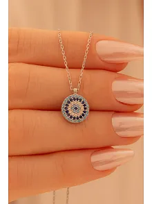 Kadın Gümüş Kolye - Yuvarlak Model Nazar Boncuğu Motifli Kadın Kolye
