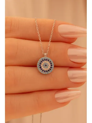 Kadın Gümüş Kolye - Yuvarlak Model Nazar Boncuğu Motifli Kadın Kolye