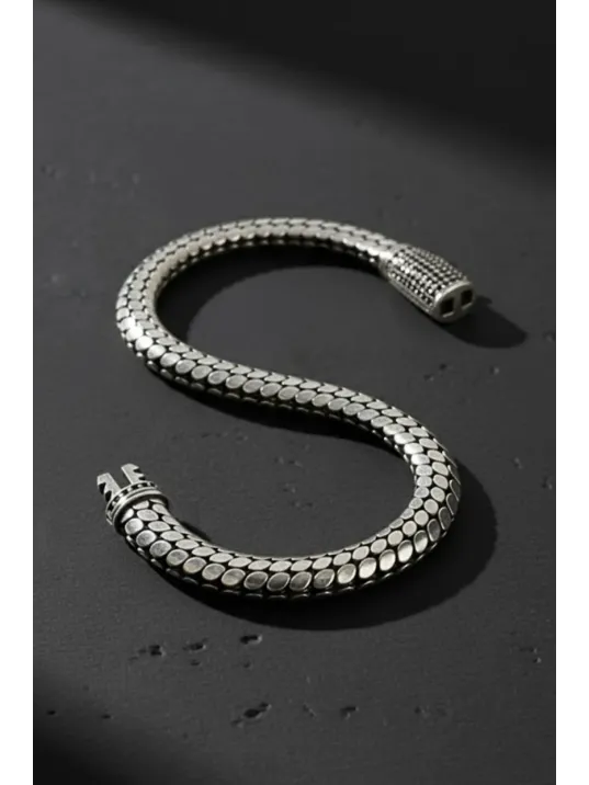 Erkek Gümüş Bileklik - Mezopotamya Oksitli Zirkon Taş Detaylı 925 Ayar Erkek Gümüş Bilezik