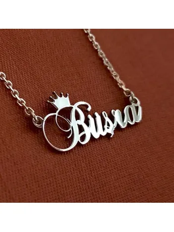 Kral Taç Imza Gümüş Renk Büşra Yazılı Bayan Gümüş Kolye Zincir Gklgmsısımt