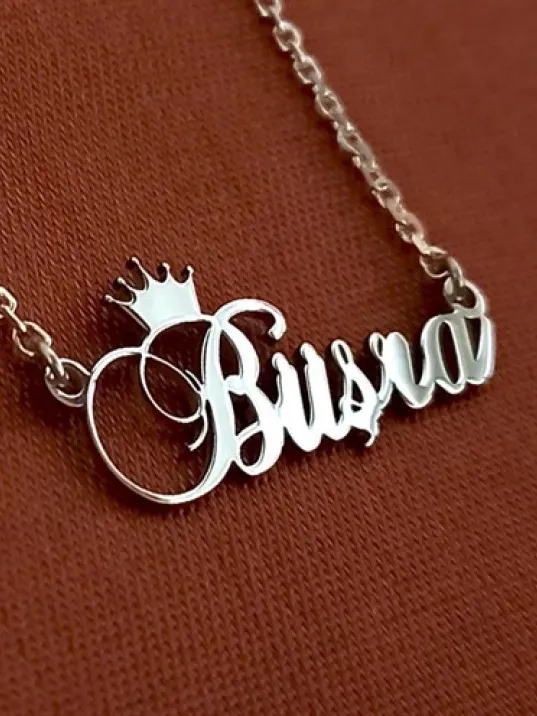 Kral Taç Imza Gümüş Renk Büşra Yazılı Bayan Gümüş Kolye Zincir Gklgmsısımt