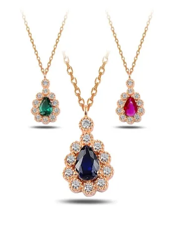 Rose Renk Damla Model Yakut Taşlı Kadın Gümüş Kolye Gkldmlm1del-ros