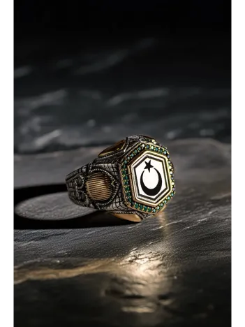 Erkek Zümrüt Taşlı Ay Yıldız İşlemeli 925 Ayar Gümüş Yüzük