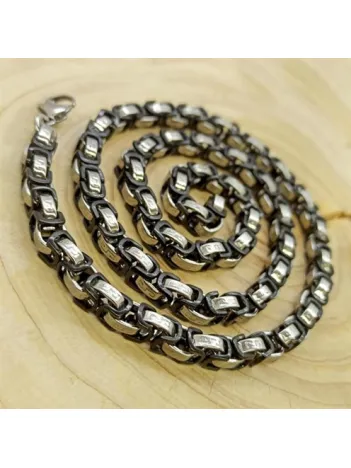 Erkek Çelik Siyah Beyaz Zincir Kolye Çift Renk Grek Motif CKLSYHZNR01