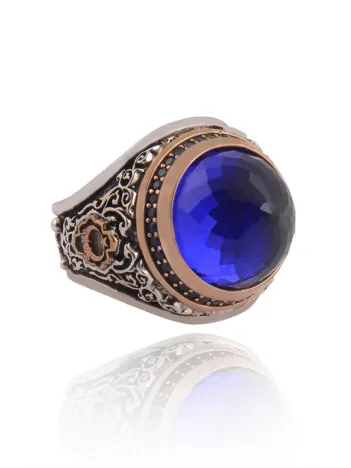 Sivri Aquamarin Taşlı Yanı Bayrak Motifli Türk Yazılı Erkek Gümüş Yüzük