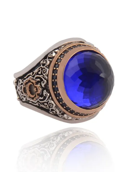 Sivri Aquamarin Taşlı Yanı Bayrak Motifli Türk Yazılı Erkek Gümüş Yüzük