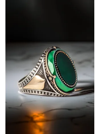 Erkek Yeşil Akik Taşlı İsim Yazılabilir 925 Ayar Gümüş Yüzük