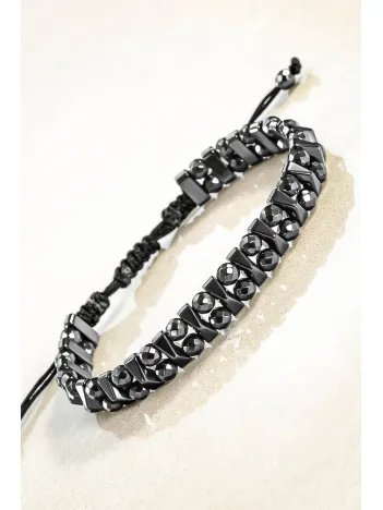 Erkek Kadın Doğal Taş Bileklik - Siyah Hematit Doğal Taşlı Makrome Yuvarlak Model Unisex Bileklik