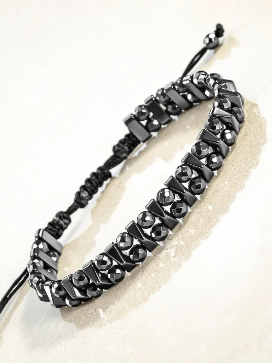 Erkek Kadın Doğal Taş Bileklik - Siyah Hematit Doğal Taşlı Makrome Yuvarlak Model Unisex Bileklik