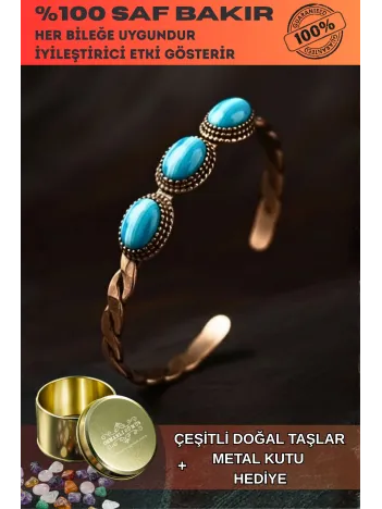 Kadın Bakır Bileklik - Örgü Model 3lü Mavi Akik Taşlı Bakır Bilezik