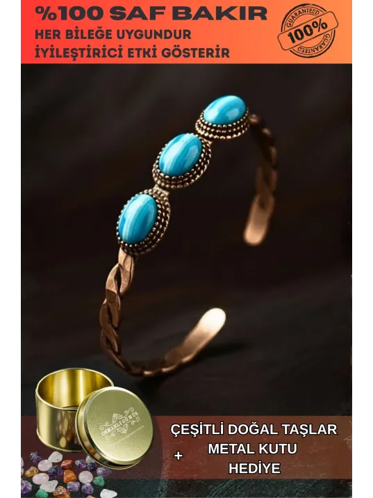 Kadın Bakır Bileklik - Örgü Model 3lü Mavi Akik Taşlı Bakır Bilezik