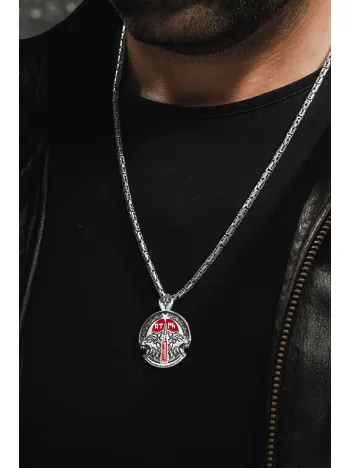 Erkek Gümüş Kolye - İntikam Yemini İşlemeli Bozkurt Model Kral Zincirli Erkek Kolye