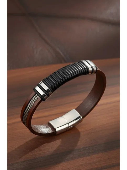 Erkek Çelik Bileklik - Kahverengi Deri Model Siyah Spiral Desenli Erkek Bileklik