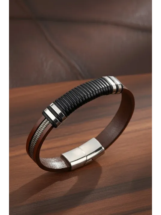 Erkek Çelik Bileklik - Kahverengi Deri Model Siyah Spiral Desenli Erkek Bileklik