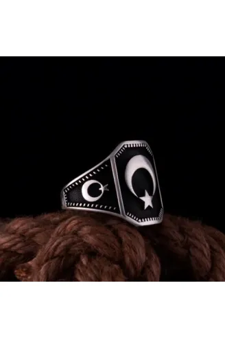 Erkek Gümüş Yüzük Ay Yıldız İşlemeli Siyah Oniks Taşlı Model1 Erkek Gümüş Yüzük