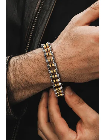 OttoMan Kalın Motosiklet Zinciri Erkek Çelik Bileklik Sarı Beyaz Model