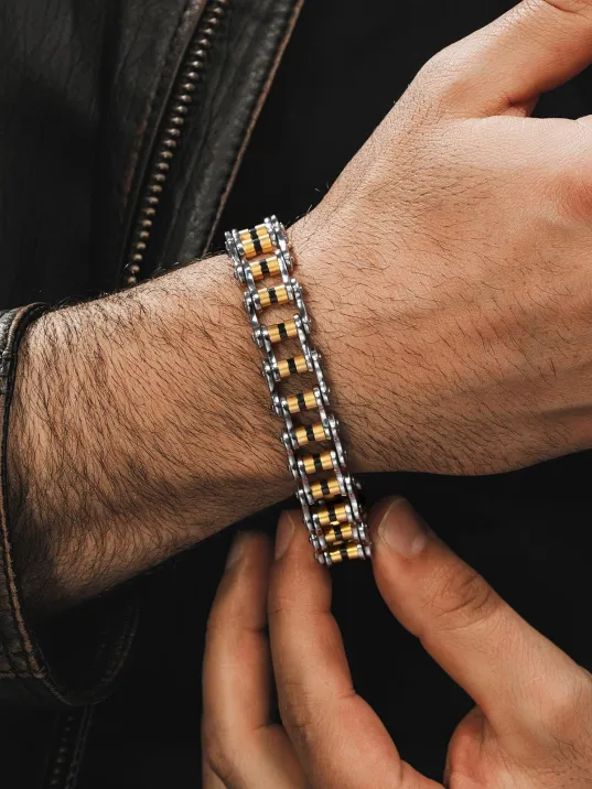 OttoMan Kalın Motosiklet Zinciri Erkek Çelik Bileklik Sarı Beyaz Model