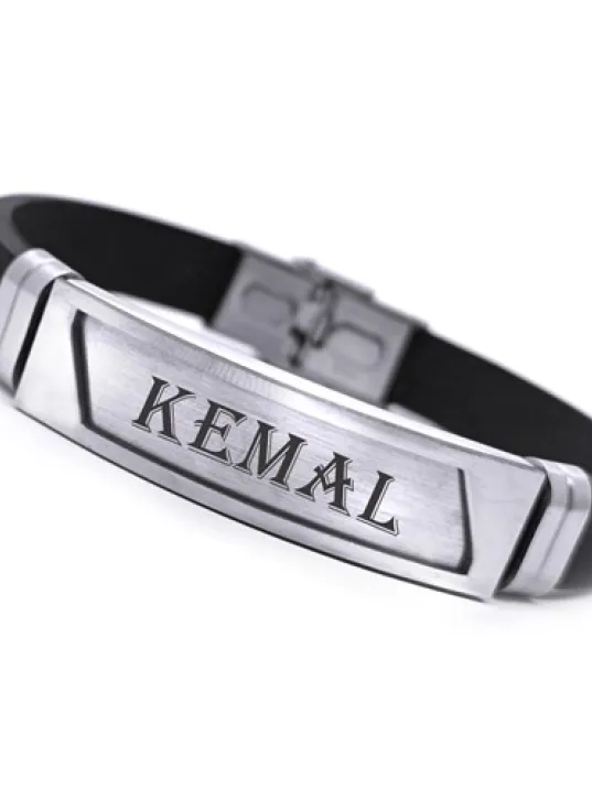 Kişiye Özel Yazılabilen Yamuk Desen Kauçuk Çelik Erkek Bileklik CBLYAMUKISM-