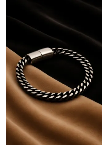 Erkek Çelik Bileklik - Yassı Gurmet Zincir Oksitli Model Siyah Renk Erkek Bileklik