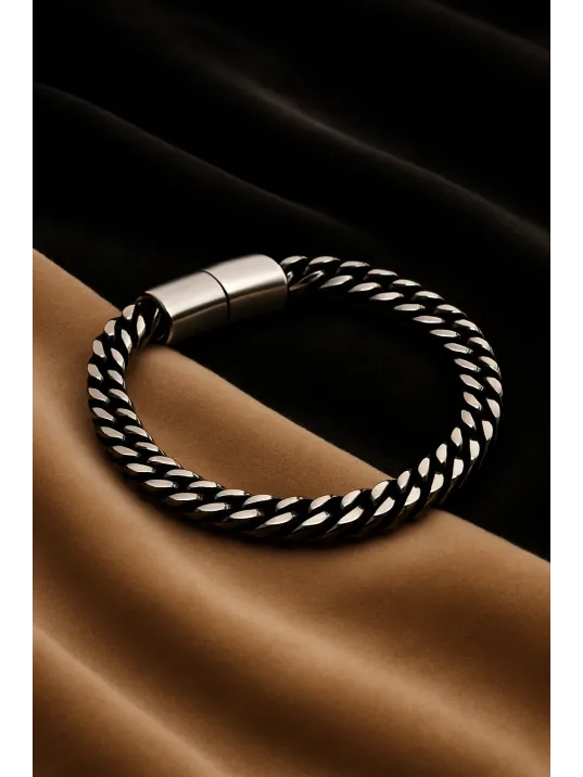 Erkek Çelik Bileklik - Yassı Gurmet Zincir Oksitli Model Siyah Renk Erkek Bileklik