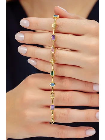 Kadın Renkli Taşlı Altın Kaplama Zarif 925 Ayar Gümüş Bileklik Kadın Renkli Taşlı Altın Kaplama Zarif 925 Ayar Gümüş Bileklik