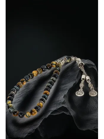 Erkek Doğal Taş Tespih - Doğal Karışık Renkli Kaplangözü Taşlı Ortaboy Tesbih Erkek Doğal Taş Tespih - Doğal Karışık Renkli Kaplangözü Taşlı Ortaboy Tesbih