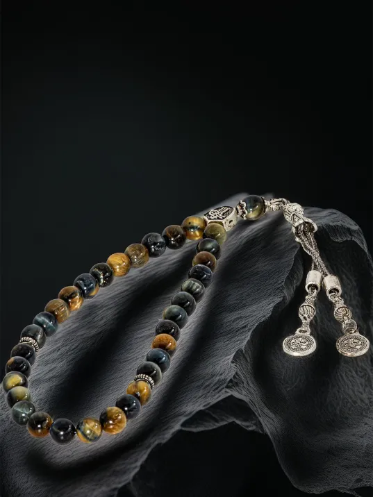 Erkek Doğal Taş Tespih - Doğal Karışık Renkli Kaplangözü Taşlı Ortaboy Tesbih