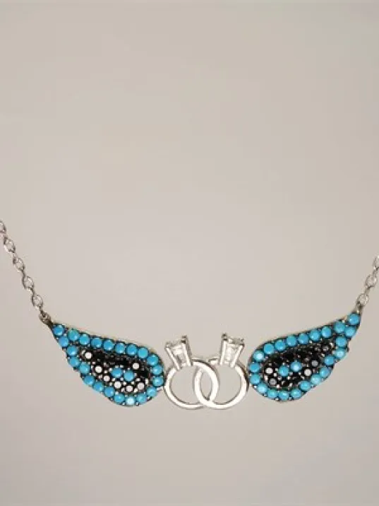 Çift Tektaşlı Kanatlı Bayan Gümüş Kolye Orta Boy Çift Tektaşlı Kanatlı Bayan Gümüş Kolye Orta Boy