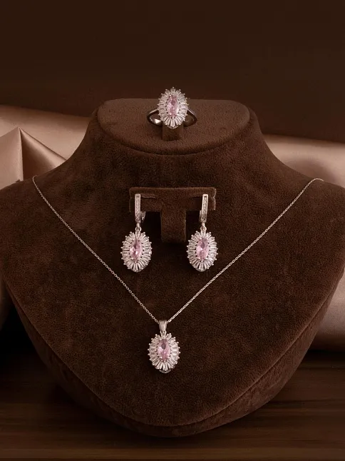 Kadın Gümüş Set - Mekik Model Pembe Zirkon Taşlı Baget Süslemeli Rodyumlu Kadın Set