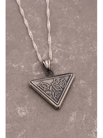 Gümüş Cevşen Muska Kadın Kolye Zincir Çiçek Motifli