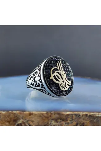 Mikro Taşlı Tuğralı Erkek Gümüş Yüzük  GYZGMSRGUMU