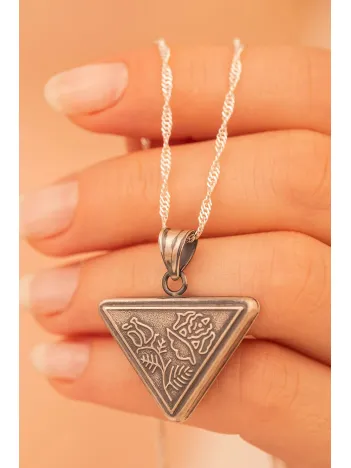 Gümüş Cevşen Muska Kadın Kolye Zincir Çiçek Motifli