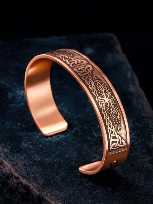 Erkek Bakır Bileklik - Viking Hayat Ağacı - YGGDRASİLL İskandinav Mitolojisi Erkek Kelepçe Bileklik