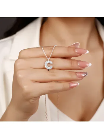 Kadın Gümüş Kolye - Ç Harfi Zirkon Taşlı Balon Harf Kadın Kolye