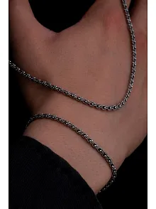 Erkek Gümüş Kolye Bileklik Set - 3mm Arnavut Zinciri Gümüş Kolye Bileklik Set