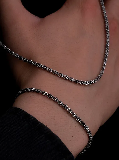 Erkek Gümüş Kolye Bileklik Set - 3mm Arnavut Zinciri Gümüş Kolye Bileklik Set