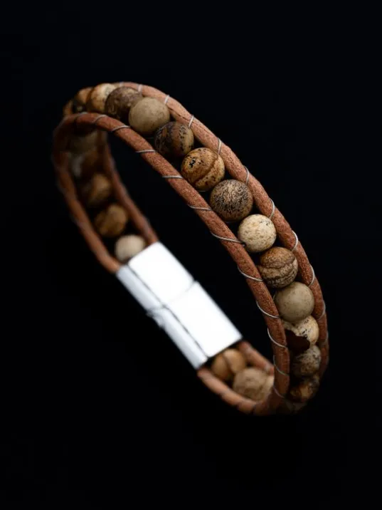 Jasper Doğaltaşlı Kadın Deri Ve Çelik Bileklik