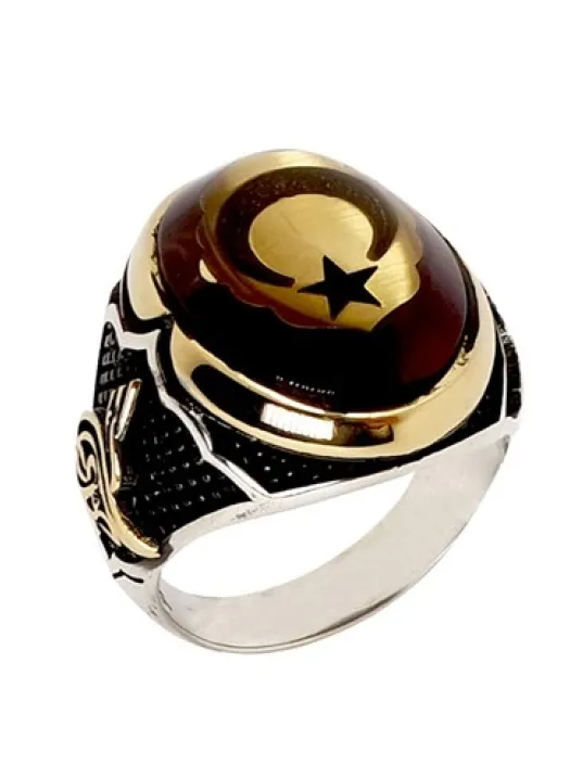 Ay Yıldız ve Tuğra İşlemeli Sıkma Tehribar Taşlı Gümüş Erkek Yüzük