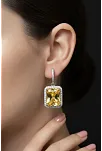 Kadın Gümüş Küpe - Kare Model Sarı Şampanya Zirkon Taşlı Kadın Gümüş Küpe