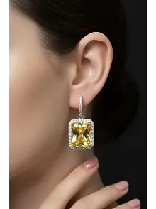 Kadın Gümüş Küpe - Kare Model Sarı Şampanya Zirkon Taşlı Kadın Gümüş Küpe