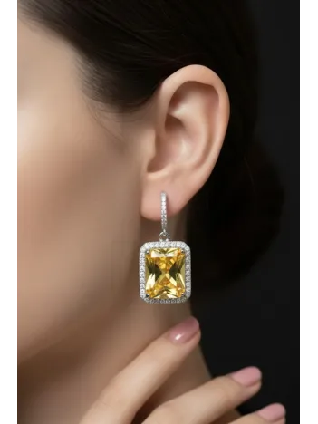 Kadın Gümüş Küpe - Kare Model Sarı Şampanya Zirkon Taşlı Kadın Gümüş Küpe