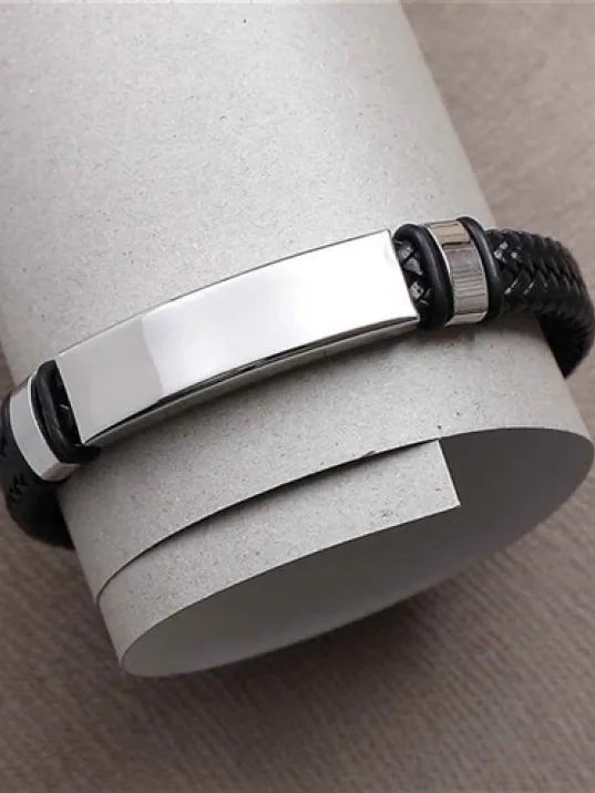 İsimli Deri Çelik Erkek Bileklik Deri Örgülü Model