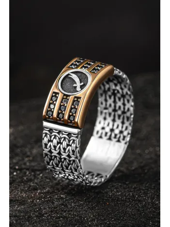 Erkek Gümüş Yüzük - Kral Zincirli Zirkon Taşlı Zülfikar Kılıcı İşlemeli Erkek Yüzük