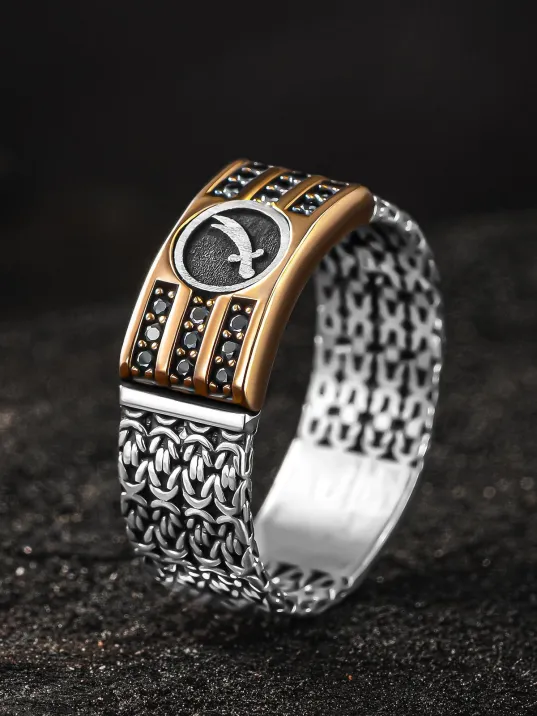 Erkek Gümüş Yüzük - Kral Zincirli Zirkon Taşlı Zülfikar Kılıcı İşlemeli Erkek Yüzük