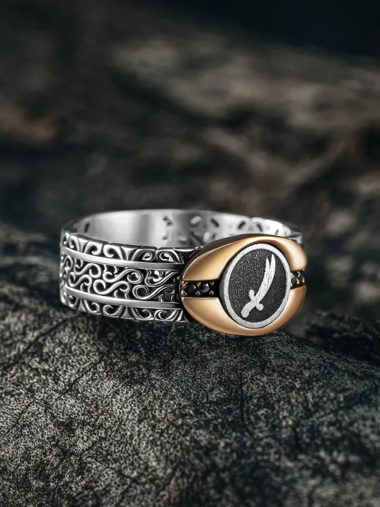 Erkek Gümüş Yüzük - Zirkon Taşlı Zülfikar Kılıcı Model 2 Mührü Erkek Yüzük